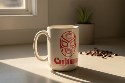 White mug with pink logo and 'Cultura' text on a White surface
